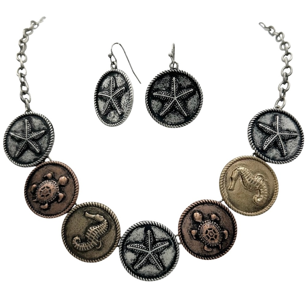 Tri-Tone Sea Life Coin Style Beach Theme Necklace Earrings Set